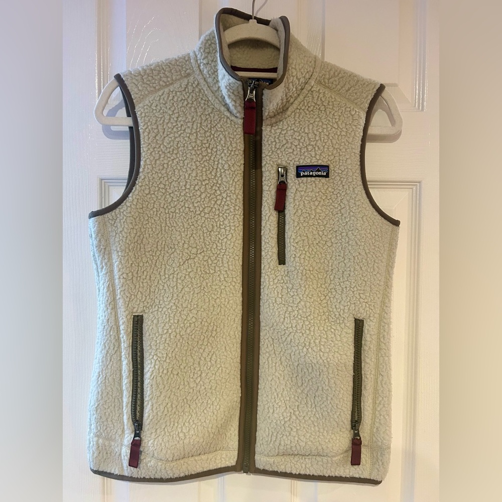 Patagonia Retro Pile Vest Fleece Womens Sz Small - Cream Olive Green Burgundy